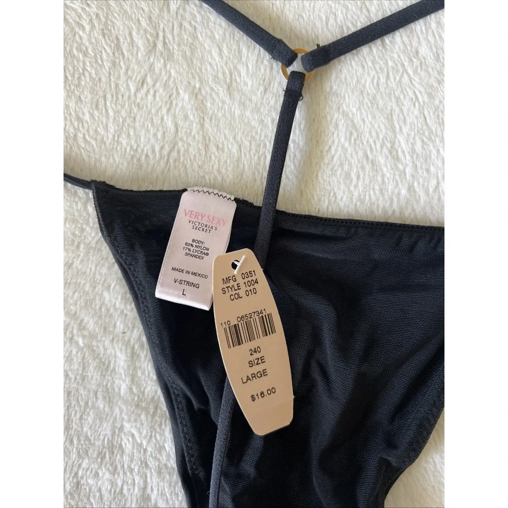 Vintage Victoria's Secret L Very Sexy Satin Black Rhinestone Bling V-String Y2K